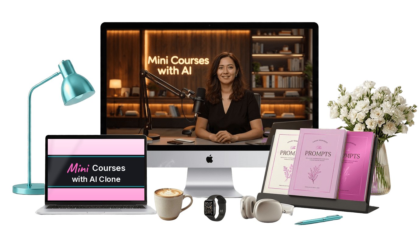 Mini Courses with AI Clone shown on a desktop and laptop, with an AI clone presenting and three prompt books