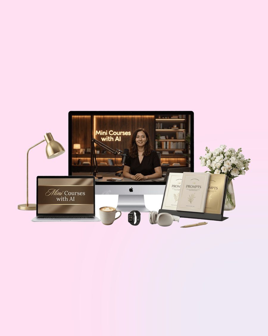 Mini Courses with AI shown on a desktop screen and laptop, with prompt books