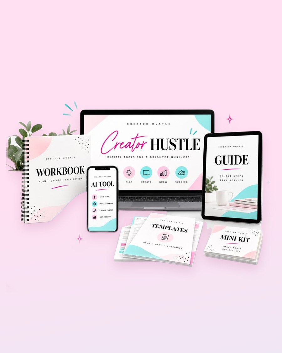 Creator Hustle shop products on laptop, phone and tablet