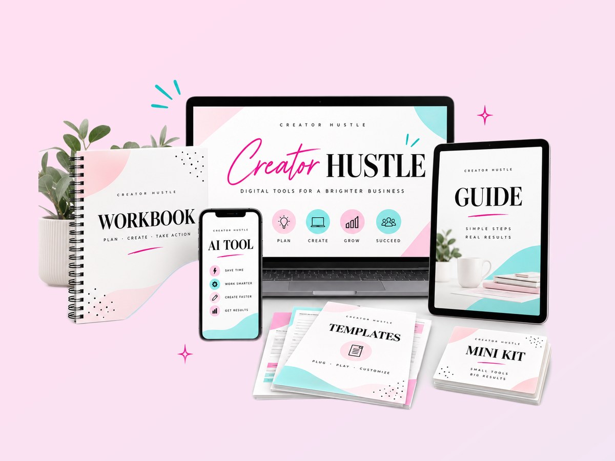 Creator Hustle Shop products: workbook, AI tool, guide, templates and mini kit