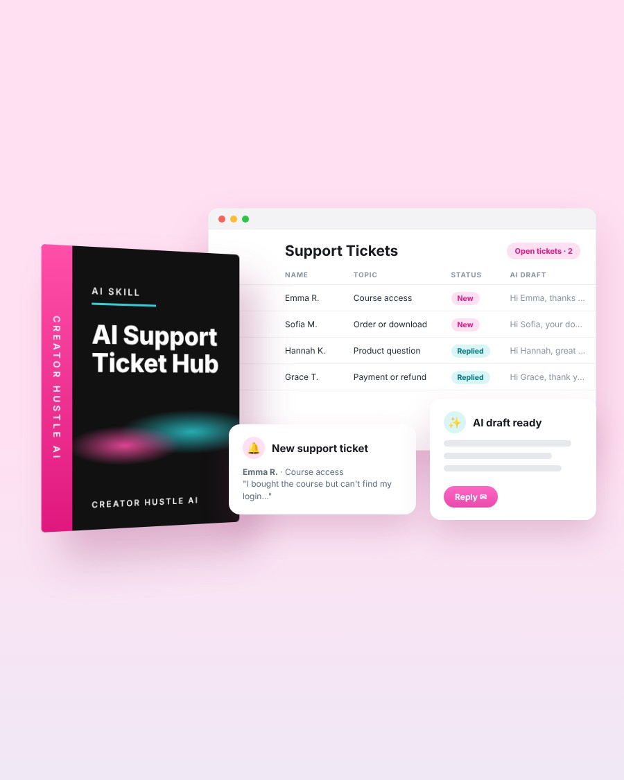 AI Support Ticket Hub Claude Skill with a support ticket table, a new ticket alert and an AI draft reply