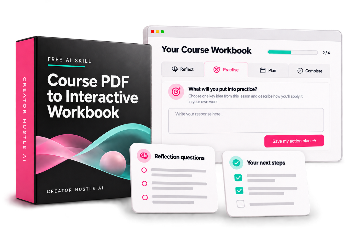 Course PDF to Interactive Workbook skill box next to an interactive course workbook with reflection questions and next steps
